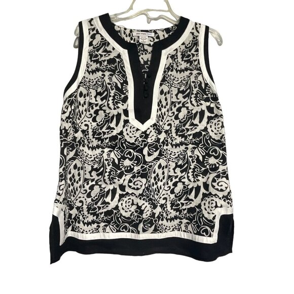 Saint Tropez West Women's Sleeveless V-Neck Floral Print Top Black White Size L - Picture 1 of 4